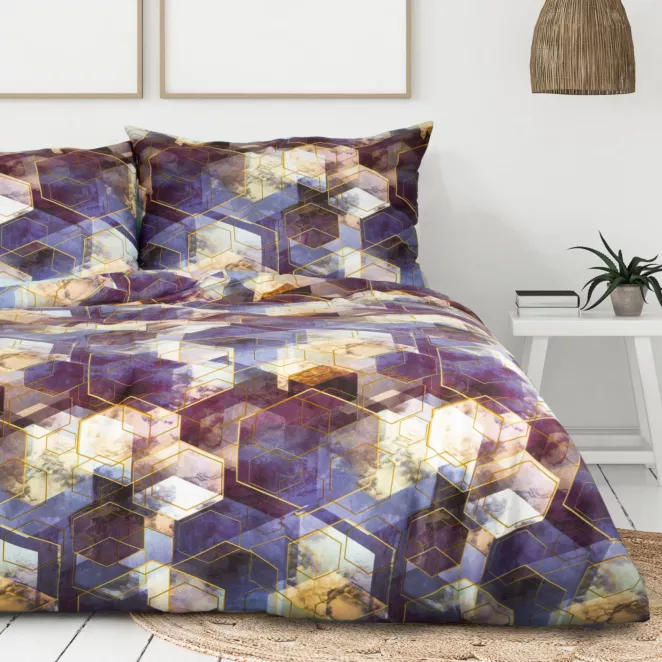 Pościel 160x200 cm bawełniana kolor fioletowy, musztardowy z geometrycznym wzorem w ozdobnym pudełku VITRAGE
