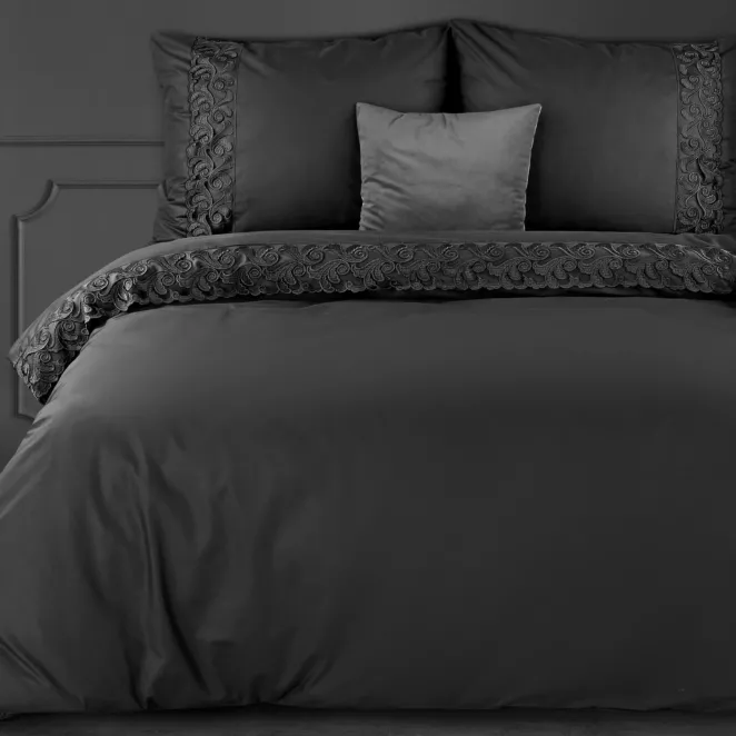 Pościel 160x200 cm z bawełny renforce kolor czarny zdobiona elegancką koronką LANA3 Eurofirany Premium