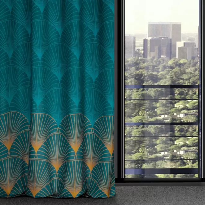 Zasłona turkusowa ze złotym wzorem z welwetu 140x250 cm przelotka L OTOS 1 Limited Collection