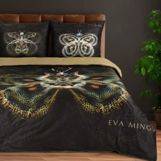 Pościel 160x200 cm z makosatyny bawełnianej kolor czarny, złoty z designerskim wzorem EVA 11 Eva Minge