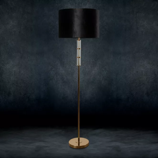 Lampa stojąca BENA z podstawą łączącą szkło i metal oraz welwetowym abażurem