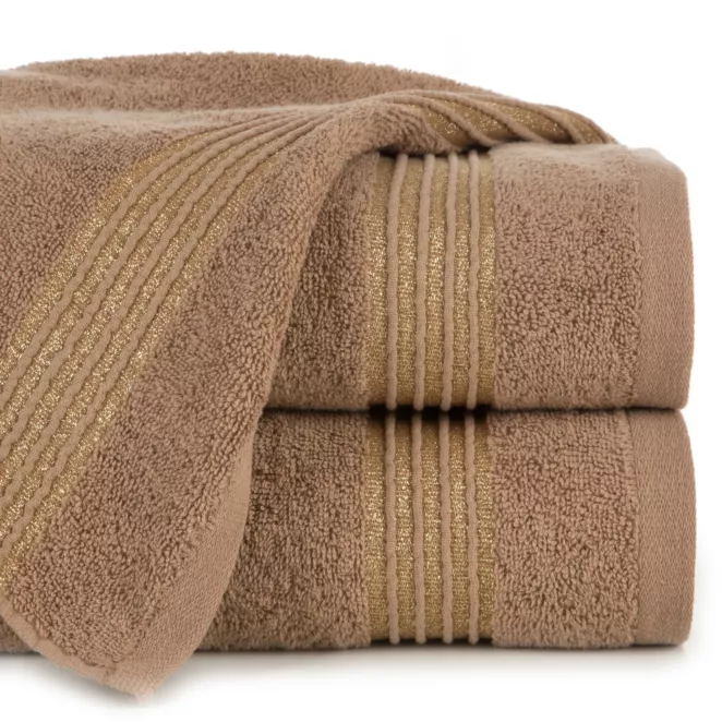 Ręcznik kąpielowy 50x90 cm bawełniany kolor brązowy zdobiony paseczkami przeszywanymi błyszczącą nicią 500 g/m2 LILA