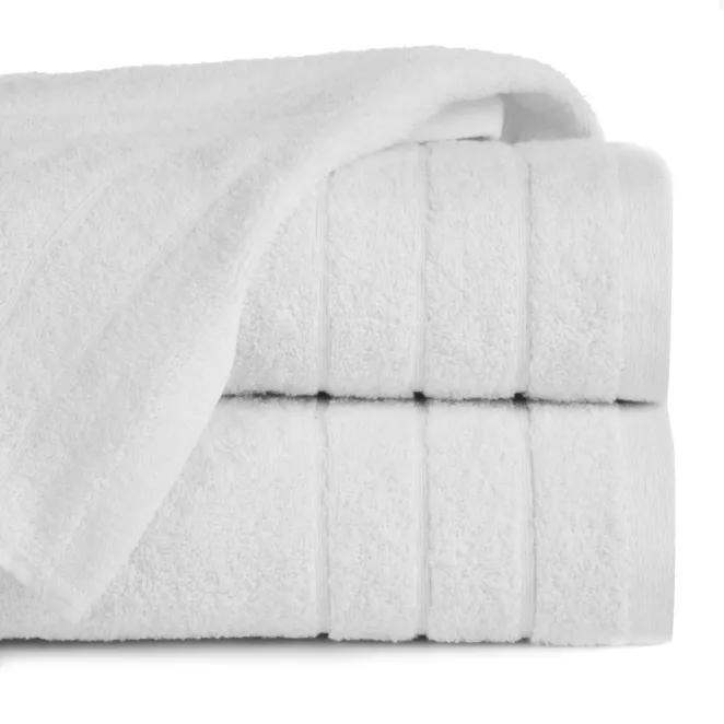 Ręcznik kąpielowy 50x90 cm bawełniany kolor biały z bordiurą w formie trzech tkanych paseczków 500 g/m2 RENI