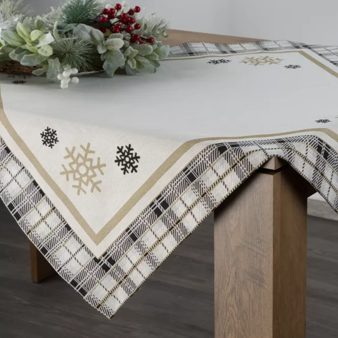 Świąteczny Obrus gobelinowy ANGEL z motywem kraty i śnieżynek