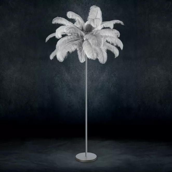 Lampa stojąca FERI na metalowej podstawie z efektownym abażurem z naturalnych strusich piór