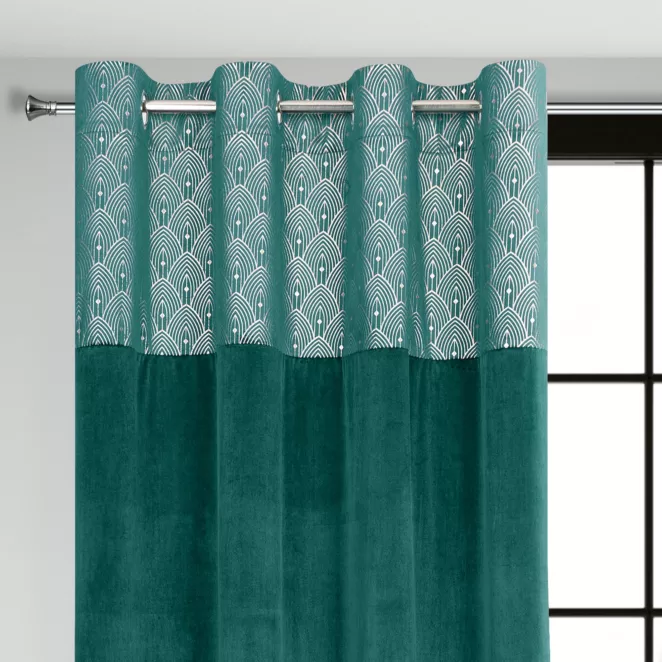 Zasłona turkusowa z aplikacją z błyszczącego welwetu 140x250 cm przelotka AGNES Design 91