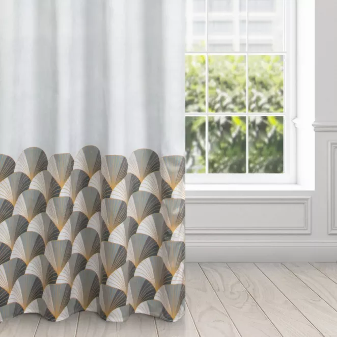 Zasłona biało, szara ze złotym wzorem z tkaniny welwetowej 140x250 przelotka GINA Design 91