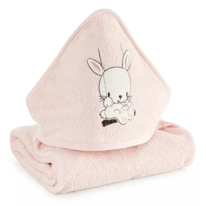 Ręcznik kąpielowy dziecięcy 100x100 cm bawełniany kolor różowy z kapturem i haftem króliczka 350g/m2 BABY 64