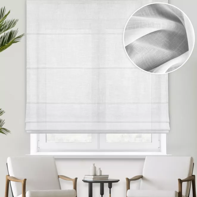 Roleta szyta z systemem comfort LINEN2 biała z gładkiej matowej etaminy o naturalnym splocie, wykończona obciąznikiem