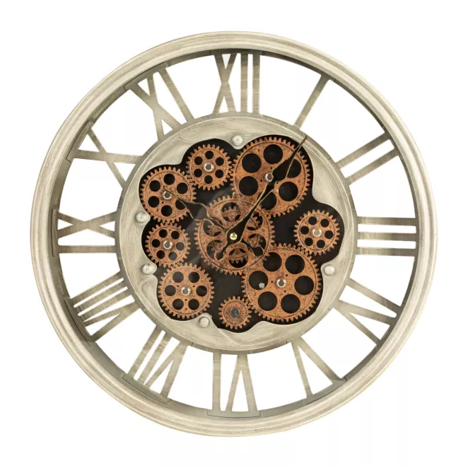 Dekoracyjny zegar ścienny z rzymskimi cyframi i ruchomymi kołami zębatymi w stylu shabby chic, 37 cm średnicy