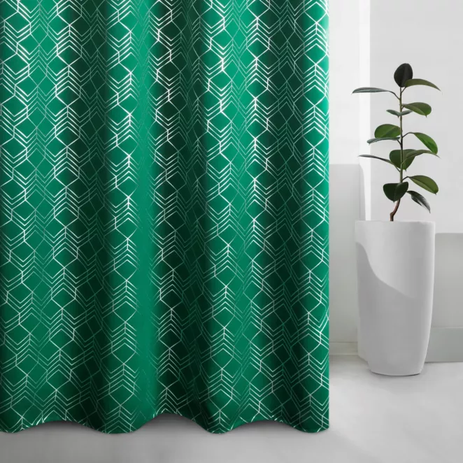 Zasłona zielono, srebrna zaciemniająca ze złotym wzorem geometrycznym 140x250 przelotka POLI Design 91