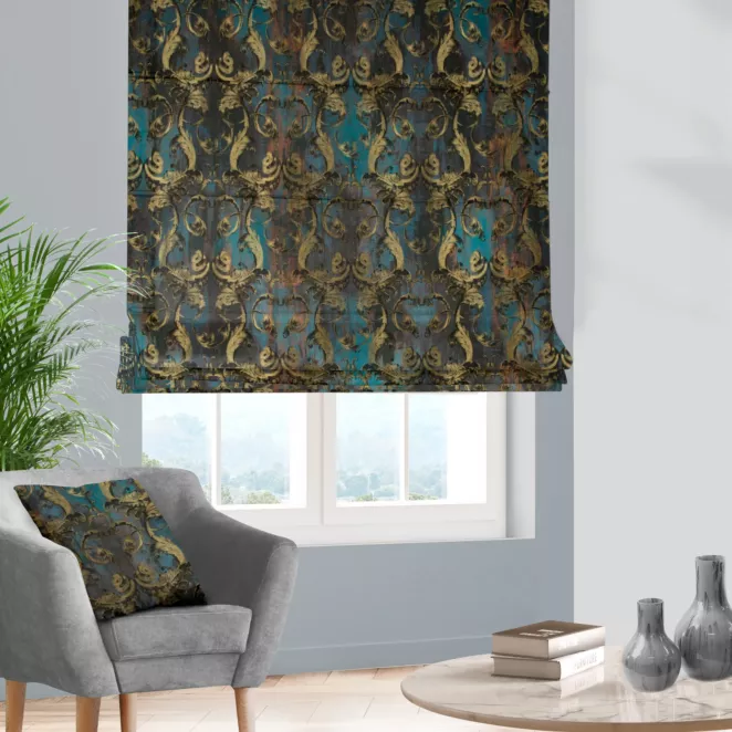 Roleta szyta z systemem comfort ciemnoturkusowo złota z miękkiej tkaniny w elegancki ornamentowy wzór
