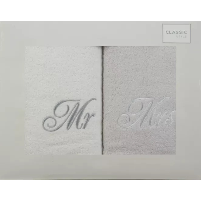 Zestaw ręczników bawełnianych na prezent 2 szt 50x90 cm z haftem MR&MRS kolor biały, popielaty 400 g/m2
