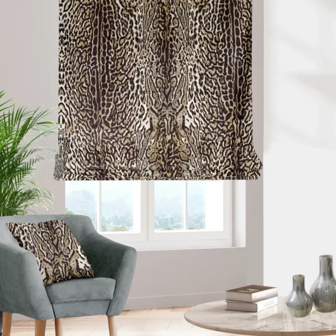 Roleta szyta z systemem comfort LEOPARD beżowo czarna z grubej welwetowej tkaniny w modny zwierzęcy wzór