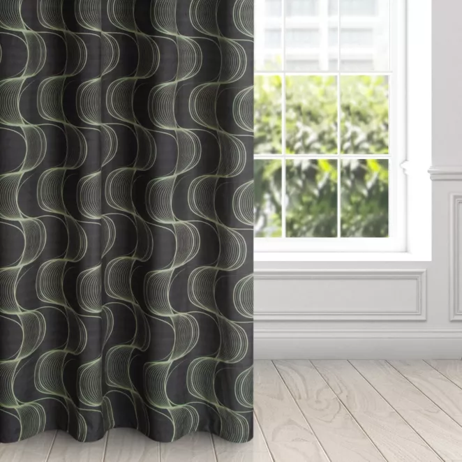 Zasłona czarno, zielona z wzorem pionowych fal, z welwetu 140x250 cm przelotka POLA