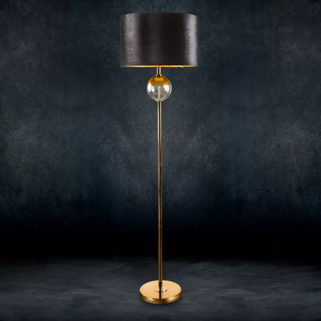 Lampa stojąca KAJA na podstawie łączącej szkło i metal z welwetowym abażurem