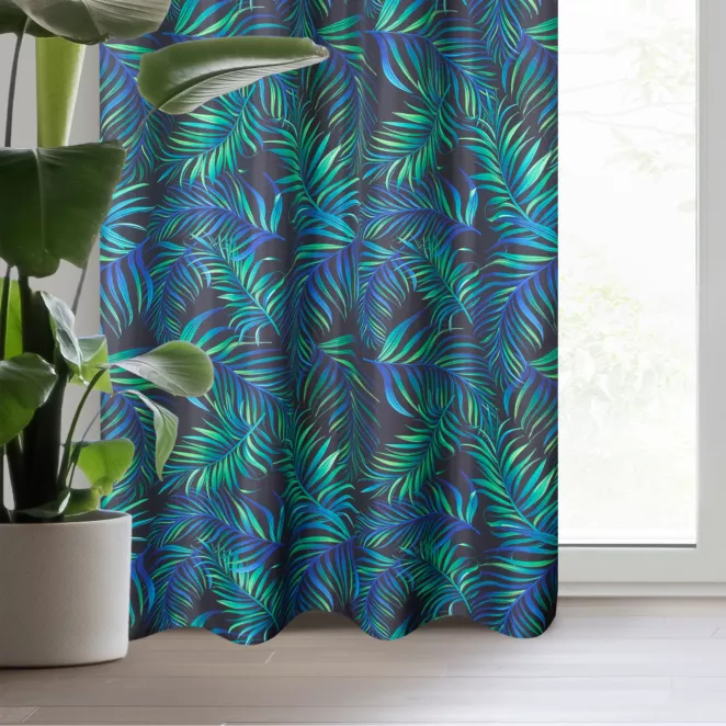 Zasłona czarno, granatowa zdobiona nadrukiem palmowych liści z tkaniny typu oxford 140x250 cm przelotka PALMAS