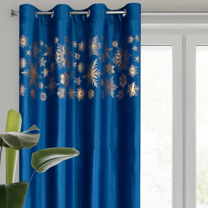 Zasłona granatowo, złota zdobiona świątecznymi śnieżynkami 140x250 cm przelotka ASTRA