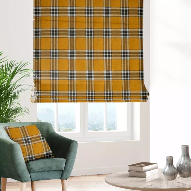 Roleta szyta z systemem comfort musztardowo naturalna z grubej, szenilowej tkaniny w elegancką kratę