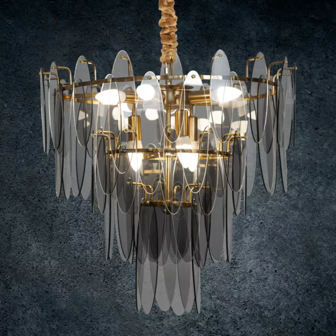 Lampa MARLA ze szklanymi zawieszkami z dymionego szkła, z regulacją wysokości