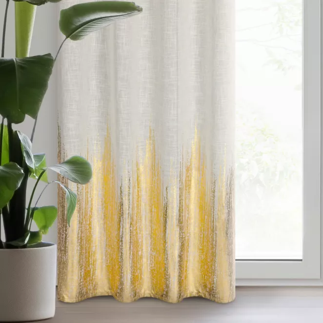 Zasłona naturalno, złocista zdobiona błyszczącym nadrukiem z dodatkiem lnu 135x250 cm przelotka IMANI