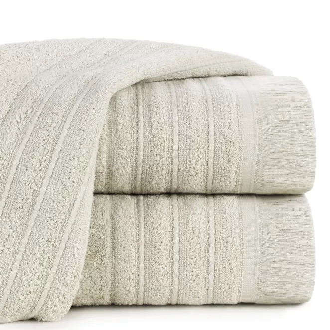 Ręcznik kąpielowy 50x90 cm bawełniany kolor beżowy w stylu boho z frędzlami 500 g/m2 MIRENA