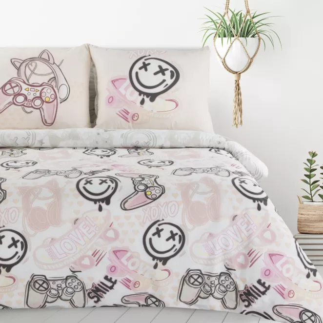 Pościel dziecięca 140x200 cm bawełniana kolor biały, różowy zdobiona fantazyjnym nadrukiem Design 91