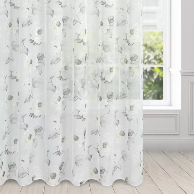 Firana biało, oliwkowa z matowej etaminy z kwiatowym motywem 350x250 cm przelotka BESSY