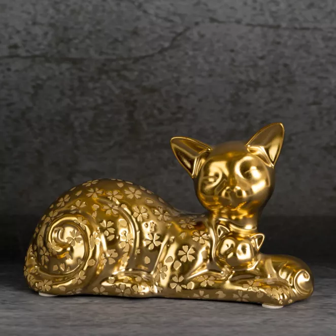 Figurka ceramiczna KITY złoty kot z wytłaczanymi kwiatuszkami