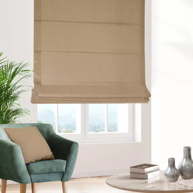 Roleta szyta z systemem comfort jasnobrązowa z tkaniny o naturalnym splocie w stylu eko