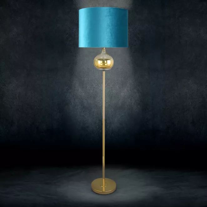 LIMITED COLLECTION Lampa stojąca LOTOS 9 ze szklaną ozdobą z efektem ombre i welwetowym abażurem HARMONIA TURKUSU