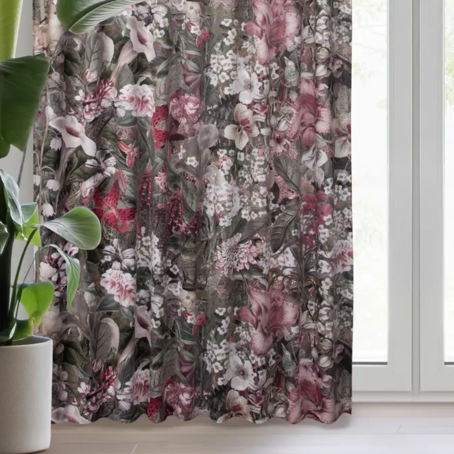 Zasłona szarobeżowo, różowa z botanicznym wzorem i efektem 3D z miękkiego welwetu 140x270 cm taśma /szelki GLORY