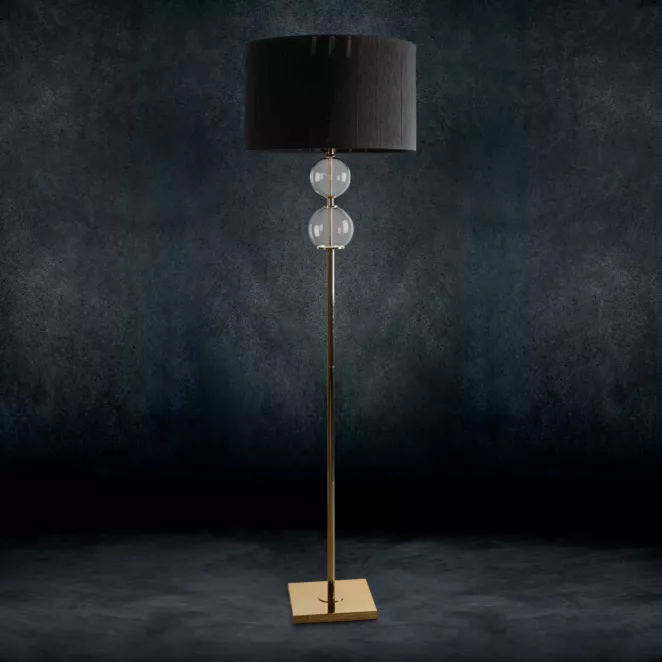 Lampa stojąca ARIANA na podstawie łączącej szkło metal i abażur z matowej nici