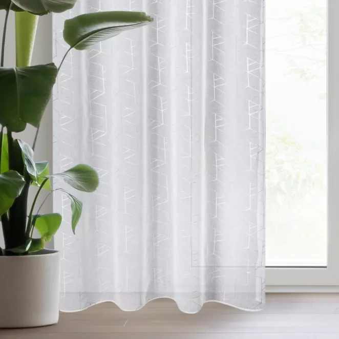 Firana biało, srebrna z etaminy z geometrycznym nadrukiem 140x250 cm przelotka ELSI