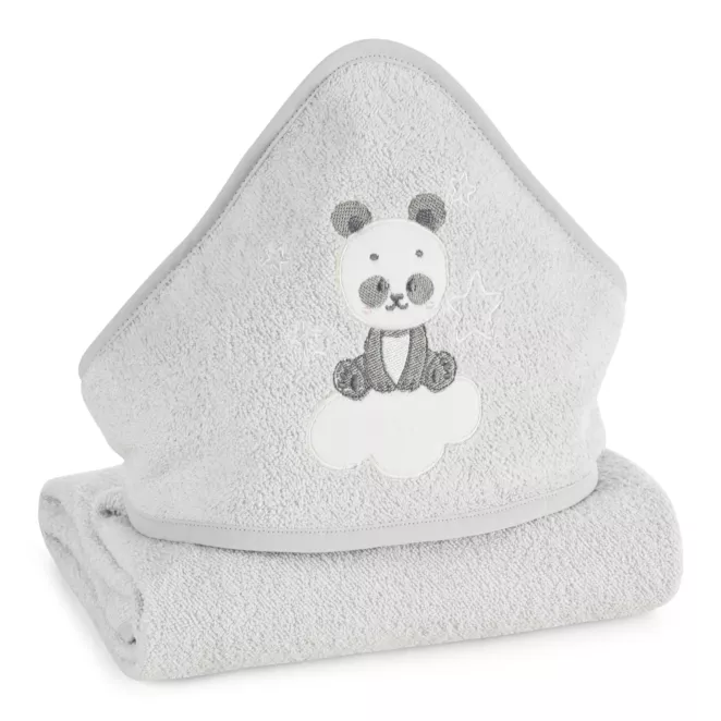 Ręcznik kąpielowy dziecięcy 100x100 cm bawełniany kolor srebrny z kapturem i haftem pandy 350g/m2 BABY 63