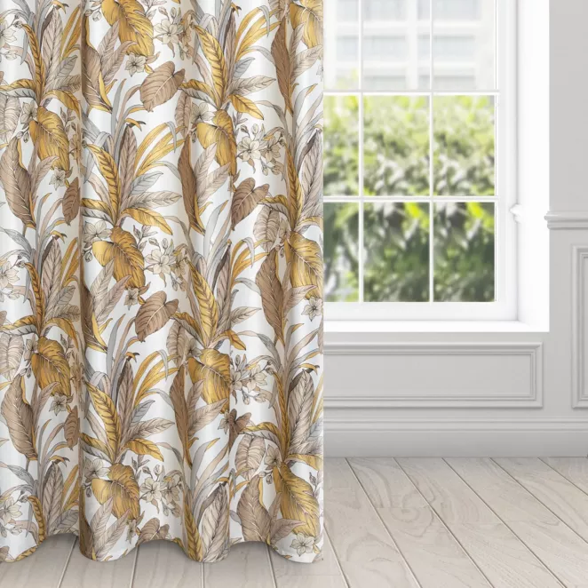 Zasłona beżowo, biała z wzorem egzotycznych liści 140x250 przelotka BARI z Design 91