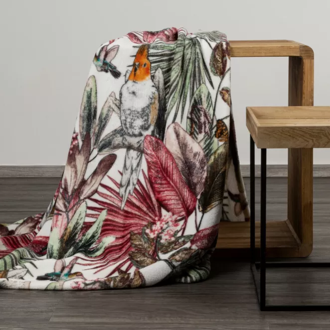 DESIGN 91 Koc PARROT miękki i miły w dotyku z nadrukiem egzotycznych roślin i papug