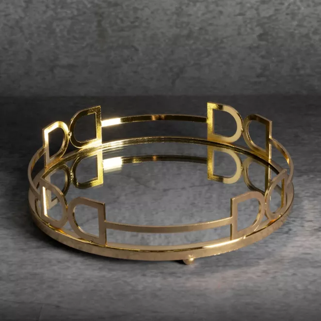 Okrągła taca dekoracyjna ANDORA z lustrzanym blatem i metalowym obrzeżem w stylu art deco, złota