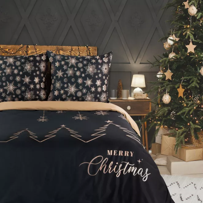Pościel świąteczna 160x200 cm bawełniana kolor czarny, złoty z eleganckim wzorem styl glamour ASTRA