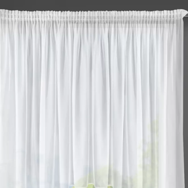 Firana biała z gładkiego woalu wycięta w lekki łuk zakończona satynową lamówką 400x145 cm taśma AGA
