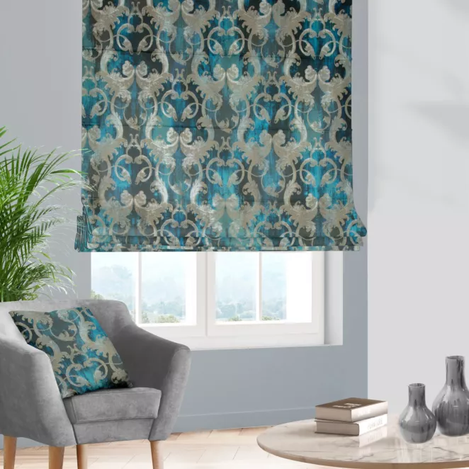 Roleta szyta z systemem comfort ciemnoturkusowo srebrna z miękkiej tkaniny w elegancki ornamentowy wzór