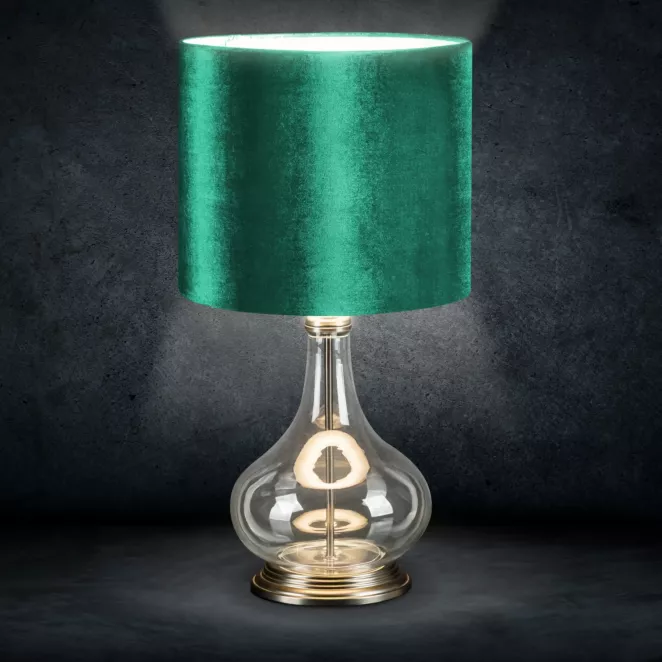 Lampa stołowa KIM na podstawie z przezroczystego szkła ze szmaragdowym abażurem z lśniącego welwetu