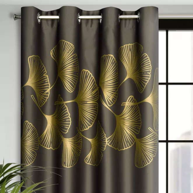 Zasłona brązowa ze złotym wzorem liści ginko, zaciemniająca 140x250 cm przelotka HARMONY