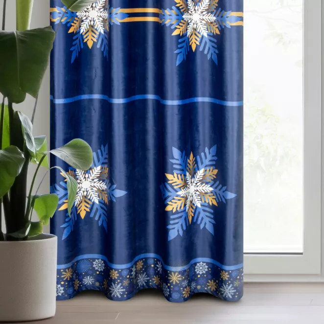 Zasłona granatowo, złota zdobiona nadrukiem śnieżynek z welwetu 140x250 cm przelotka CAROL
