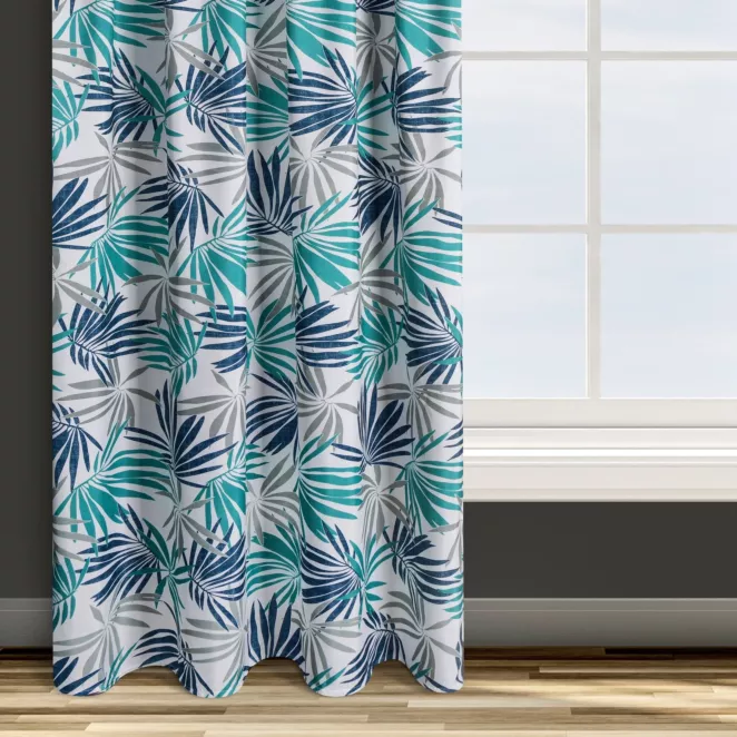 Zasłona biało, turkusowa we wzór liści 140x270 taśma ELINA Design 91