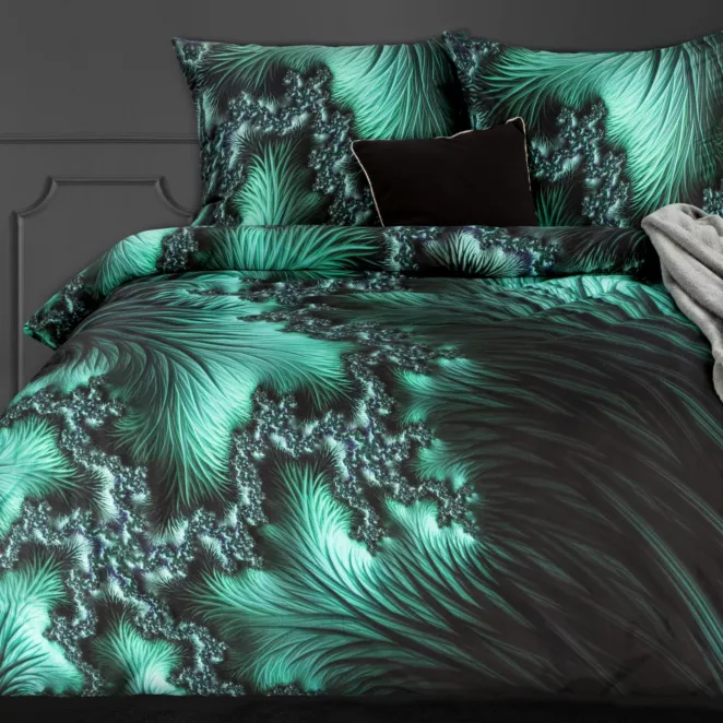 Pościel 220x200 cm bawełniana, makosatyna kolor turkusowy, czarny z fantazyjnym wzorem Eurofirany Premium