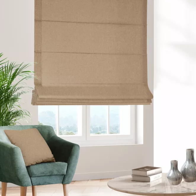 Roleta szyta z systemem comfort jasnobrązowa z tkaniny o naturalnym splocie w stylu eko