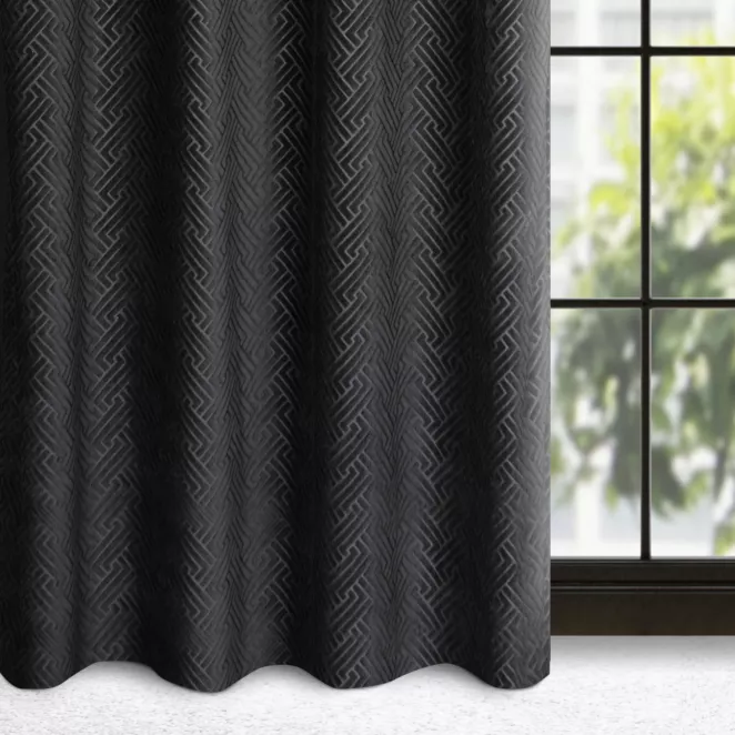 Zasłona czarna z żakardowym geometrycznym wzorem z matowego welwetu 140x250 cm przelotka ISLA