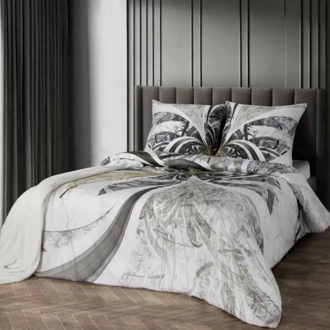 Pościel 220x200 cm z makosatyny bawełnianej kolor jasnokremowy, brązowy z designerskim wzorem STELIA Eva Minge
