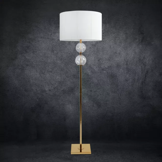 Lampa stojąca ARIANA na podstawie łączącej szkło metal i abażur z matowej nici